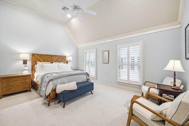 bedroom featuring a ceiling fan, visible vents, vaulted ceiling, ornamental molding, and light carpet
