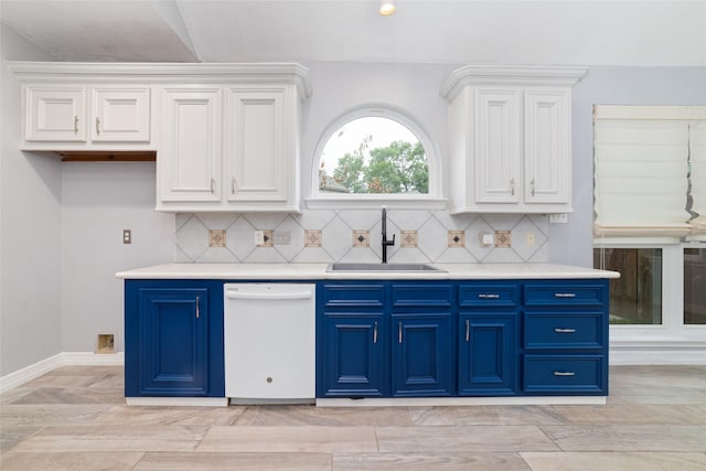 13414 Autumn Valley Dr, Cypress, TX 77429 - kitchen featuring white dishwasher, a sink, blue cabinetry, and white cabinets