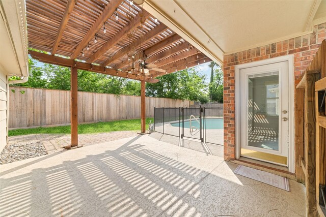 13414 Autumn Valley Dr, Cypress, TX 77429 - view of patio / terrace featuring a pergola, a fenced backyard, and ceiling fan