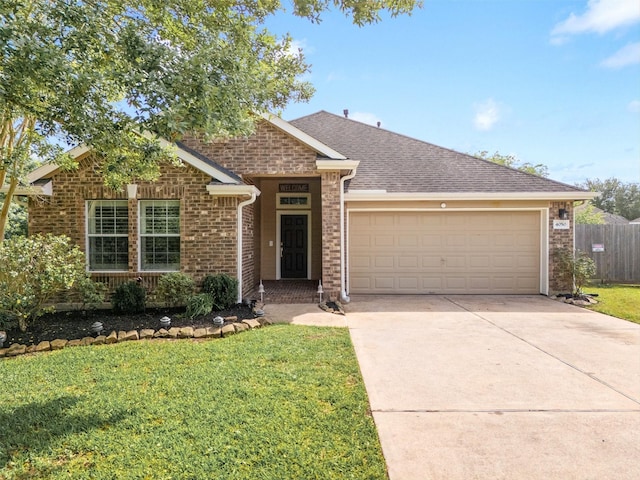 ranch-style house with a front lawn, fence, brick siding, concrete driveway, and an attached garage