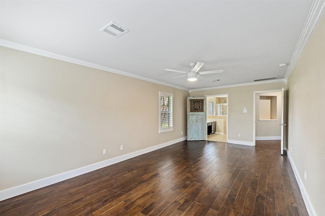 unfurnished living room with crown molding, a fireplace, a ceiling fan, and visible vents