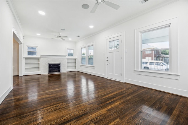 unfurnished living room with ceiling fan, ornamental molding, recessed lighting, and wood finished floors