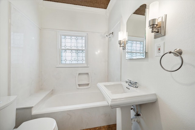 full bath with crown molding, toilet, and shower / tub combination
