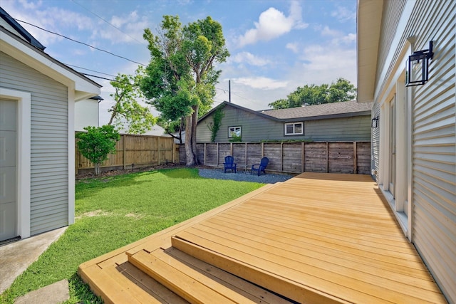 deck featuring a fenced backyard and a lawn