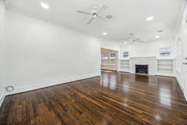 unfurnished living room featuring crown molding, recessed lighting, ceiling fan, and baseboards