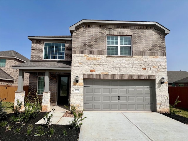 3031 Sunmoon Ln, Katy, TX 77493 - traditional-style home with a garage, fence, stone siding, brick siding, and concrete driveway