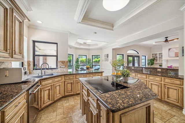 kitchen with a peninsula, a sink, stone tile flooring, stainless steel dishwasher, and black electric cooktop