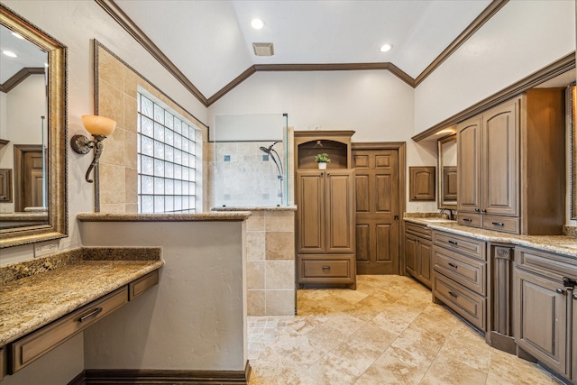 3410 Creekstone Dr, Sugar Land, TX 77479 - full bathroom with ornamental molding, a walk in shower, vaulted ceiling, vanity, and recessed lighting