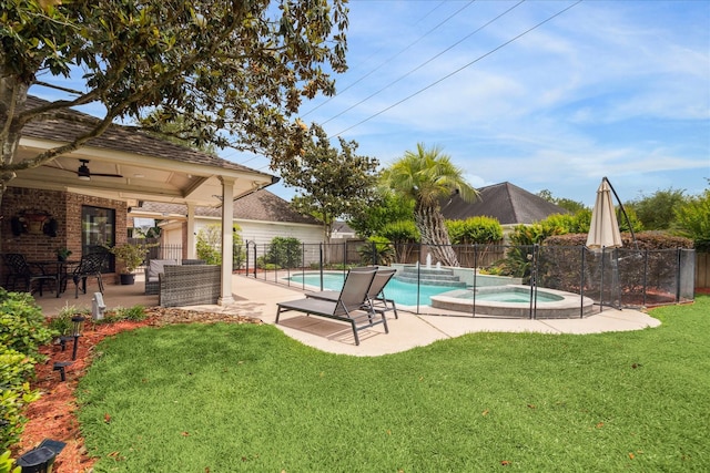 3410 Creekstone Dr, Sugar Land, TX 77479 - view of pool featuring a patio area, a ceiling fan, and a pool with connected hot tub