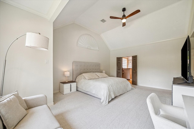 3410 Creekstone Dr, Sugar Land, TX 77479 - carpeted bedroom with vaulted ceiling, baseboards, ceiling fan, and crown molding