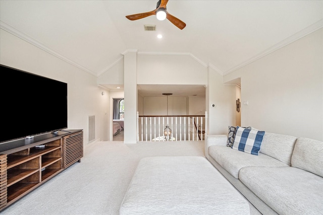 3410 Creekstone Dr, Sugar Land, TX 77479 - living room with a ceiling fan, vaulted ceiling, ornamental molding, and carpet