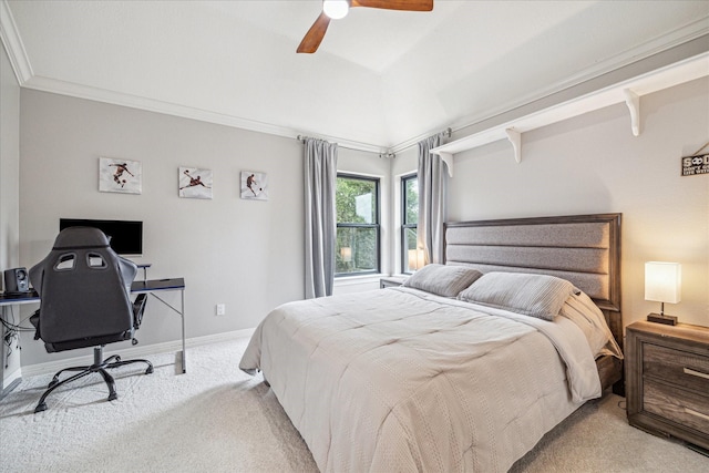 3410 Creekstone Dr, Sugar Land, TX 77479 - bedroom with light carpet, a ceiling fan, ornamental molding, an office area, and baseboards