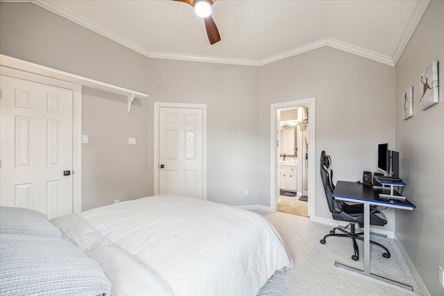 3410 Creekstone Dr, Sugar Land, TX 77479 - bedroom with ornamental molding, carpet floors, lofted ceiling, a desk, and baseboards