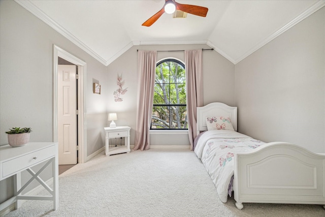 3410 Creekstone Dr, Sugar Land, TX 77479 - bedroom with light carpet, lofted ceiling, crown molding, baseboards, and ceiling fan