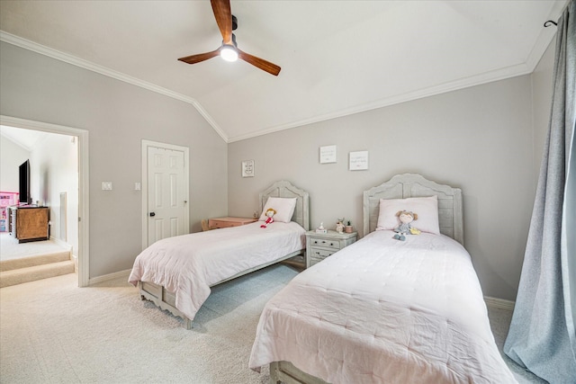 3410 Creekstone Dr, Sugar Land, TX 77479 - carpeted bedroom with crown molding, vaulted ceiling, baseboards, and a ceiling fan