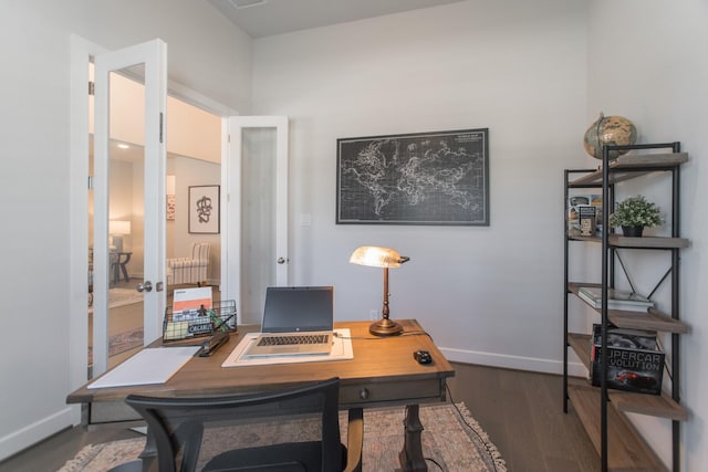 71 Perennial Canyon Dr, Tomball, TX 77375 - office area with wood finished floors, baseboards, and french doors
