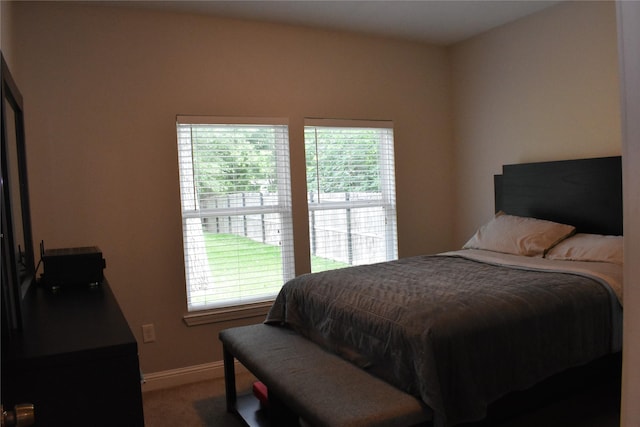 bedroom featuring baseboards, multiple windows, and carpet