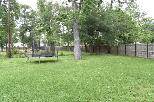 view of yard with a fenced backyard and a trampoline
