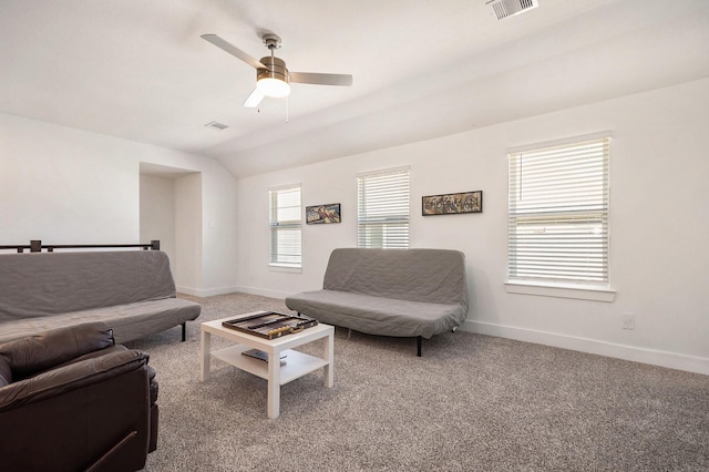 13716 Rising Sun Ln, Conroe, TX 77384 - living room with carpet floors, ceiling fan, and lofted ceiling