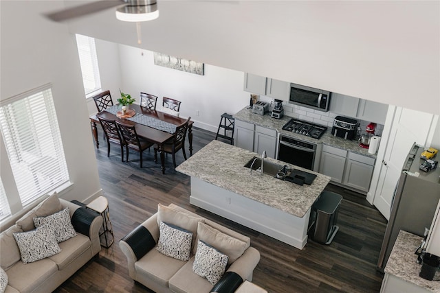 13716 Rising Sun Ln, Conroe, TX 77384 - kitchen featuring stainless steel appliances, dark wood-type flooring, an island with sink, and a ceiling fan