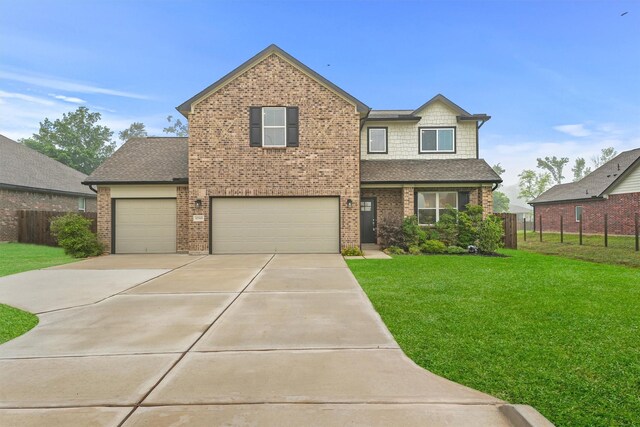 12341 N Chestnut Hills Dr, Conroe, TX 77303 - traditional-style home with concrete driveway, brick siding, fence, and a front yard