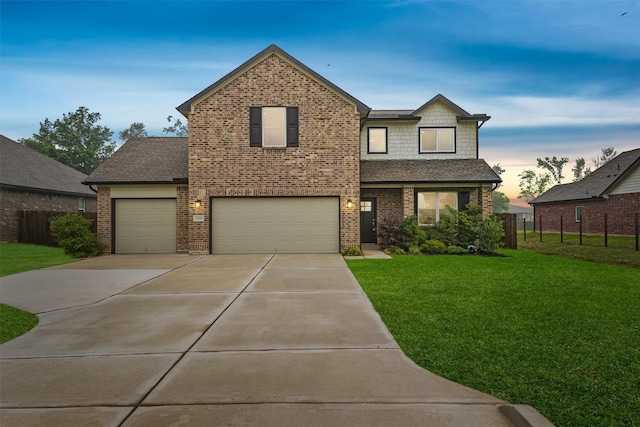 12341 N Chestnut Hills Dr, Conroe, TX 77303 - view of front of house featuring fence, roof with shingles, a front lawn, brick siding, and concrete driveway