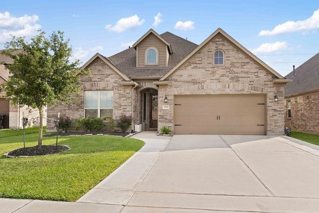 view of front facade featuring an attached garage, a shingled roof, brick siding, a front yard, and concrete driveway