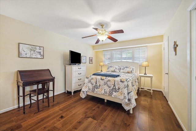 bedroom with baseboards, ceiling fan, and hardwood / wood-style floors