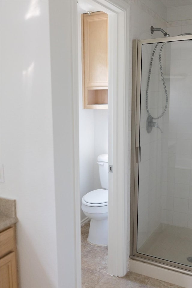 full bathroom featuring a shower stall, vanity, and toilet