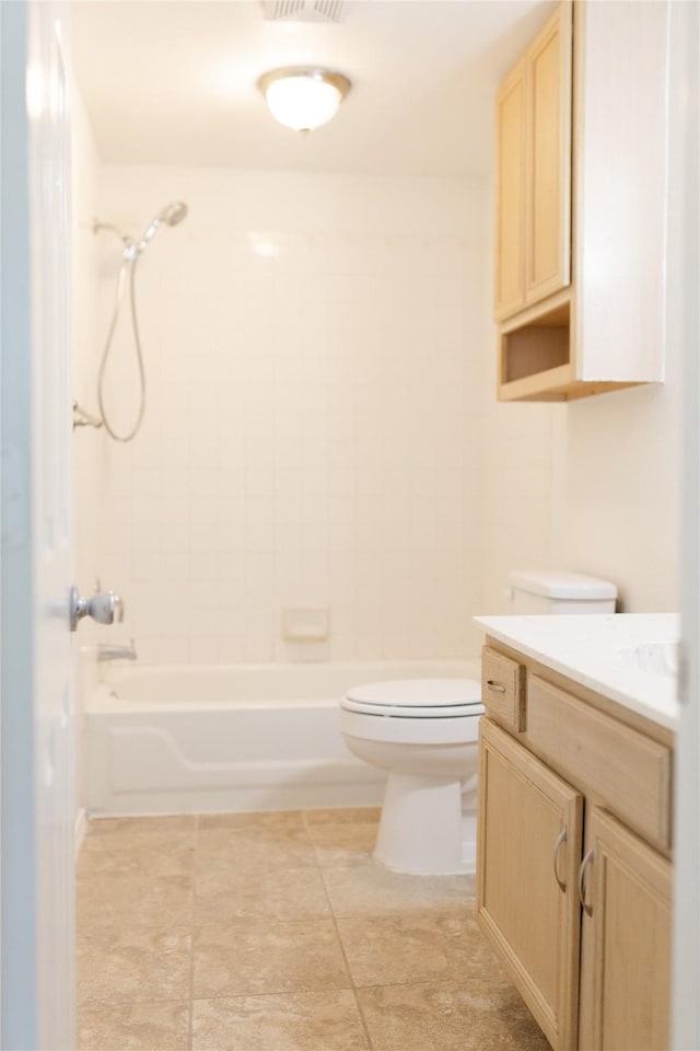 full bathroom featuring vanity, toilet, bathtub / shower combination, and visible vents