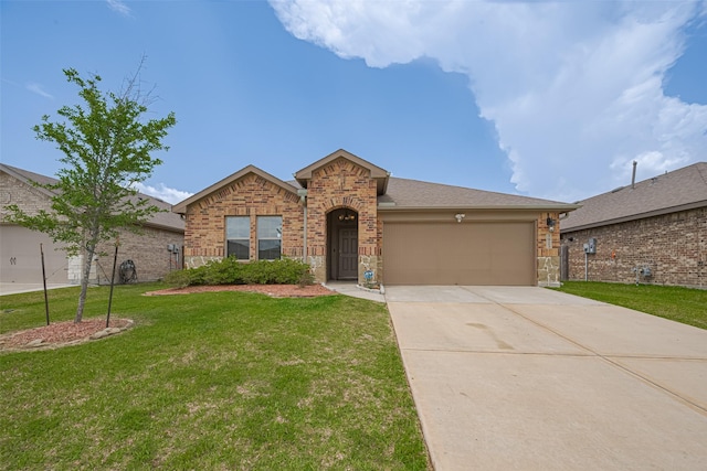 3923 Hawaiian Ct, Baytown, TX 77521 - ranch-style home with brick siding, an attached garage, a front yard, and concrete driveway