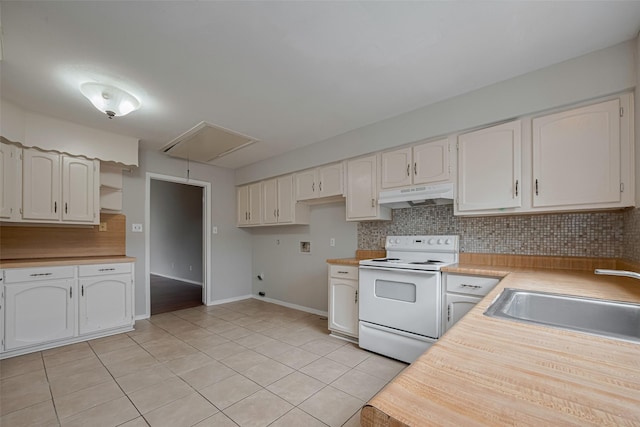 kitchen featuring decorative backsplash, a sink, light tile patterned floors, white range with electric stovetop, and under cabinet range hood