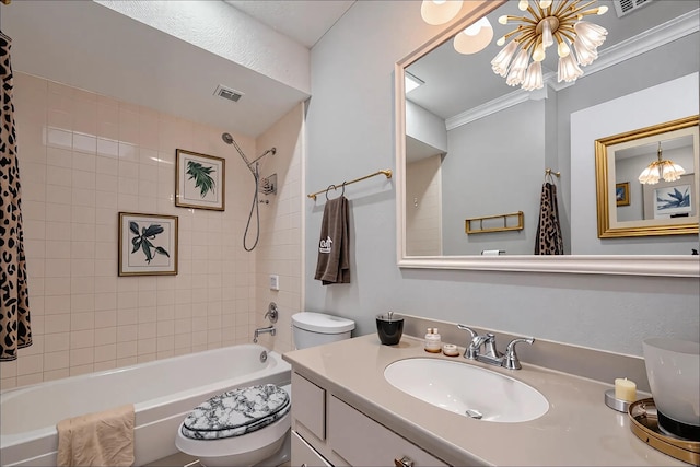full bathroom featuring an inviting chandelier, vanity, toilet, shower / bathing tub combination, and visible vents