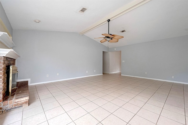 unfurnished living room featuring light tile patterned flooring, a fireplace, a ceiling fan, vaulted ceiling with beams, and visible vents