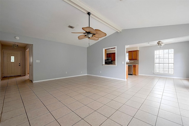 unfurnished living room featuring ceiling fan, lofted ceiling with beams, and light tile patterned flooring