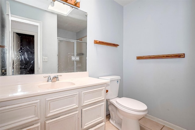bathroom with tile patterned flooring, a stall shower, toilet, and vanity