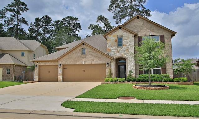 view of front of home with a garage, a front yard, stone siding, and concrete driveway