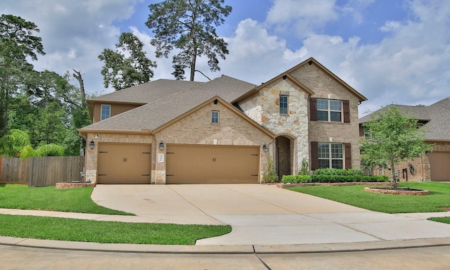 french provincial home with a front lawn, fence, brick siding, an attached garage, and driveway