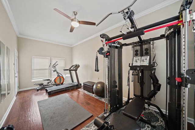 workout area with crown molding, baseboards, ceiling fan, and wood finished floors