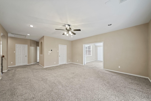 unfurnished room featuring visible vents, light carpet, baseboards, recessed lighting, and a ceiling fan