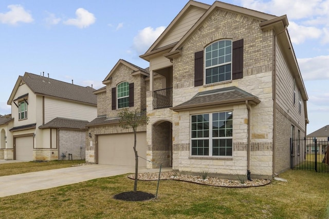 traditional home with a garage, a front lawn, fence, brick siding, and concrete driveway