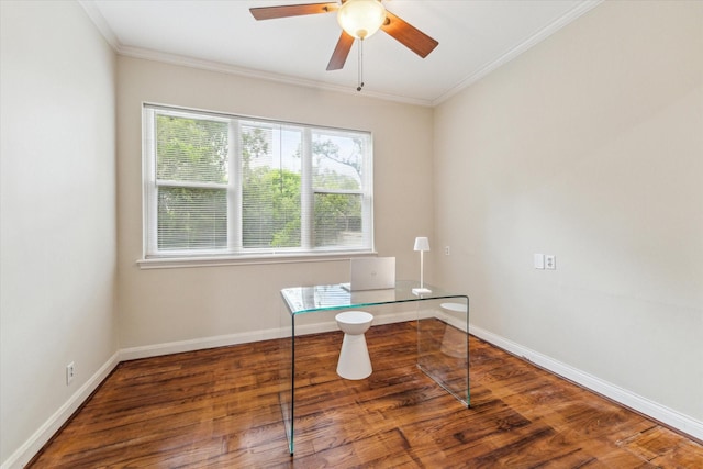 7924 Woodway Dr, Houston, TX 77063 - unfurnished office with a ceiling fan, baseboards, ornamental molding, and wood finished floors