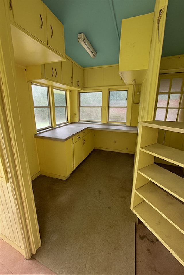 1904 Gun And Rod Rd, Brenham, TX 77833 - kitchen with dark colored carpet, cream cabinetry, and light countertops