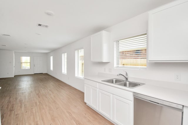 kitchen with visible vents, stainless steel dishwasher, a sink, light countertops, and white cabinetry