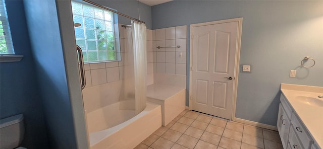 full bath featuring shower / bath combo, tile patterned floors, baseboards, vanity, and toilet