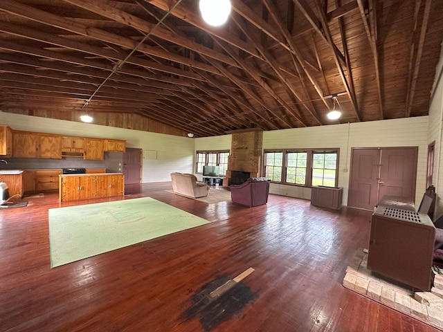 living room with high vaulted ceiling, a fireplace, and dark wood-type flooring