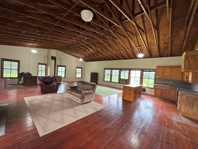 living area featuring dark wood-style flooring, high vaulted ceiling, and a fireplace