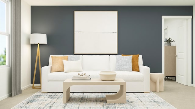 carpeted living room featuring baseboards