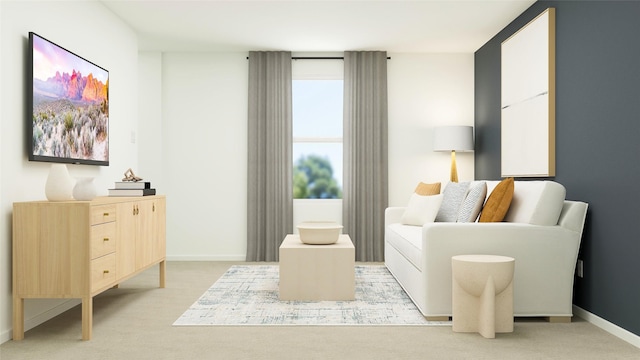 sitting room featuring baseboards and light carpet