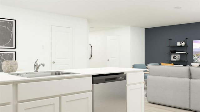 kitchen with dishwasher, a sink, light countertops, light wood-style floors, and white cabinetry